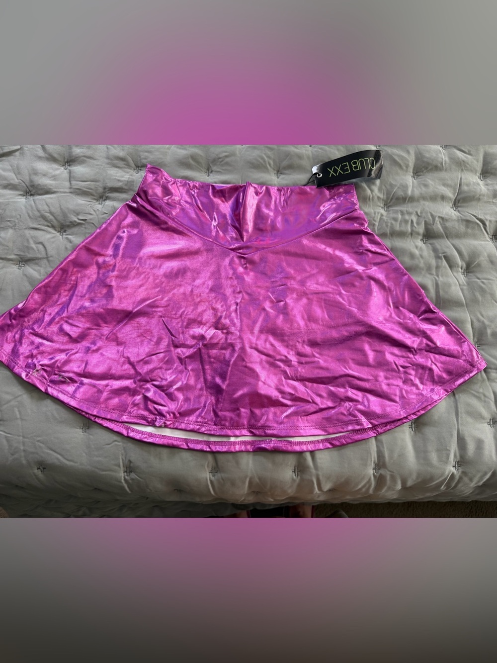 Shiny Metallic Magenta Mini Skirt with Flared Silhouette